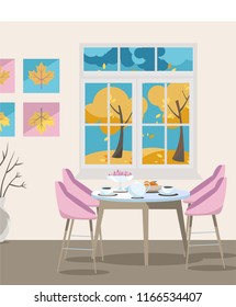 Flat illustration Dining table with chairs and coffee cups near window with autumn view and yellow thees, colorful vector illustration in cartoon flat style on beige background.