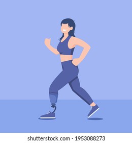 flat Illustration of disabled athletes woman running with happy. Disabled Runner flat vector illustration in isolated background. women run with prosthetic leg illustration vector svg