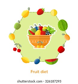 flat illustration dish with different fruits and others around isolated on white