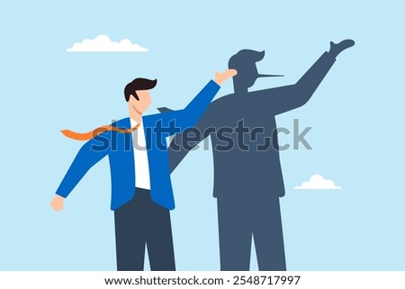 Flat illustration of dishonest businessman shadow reveal long nose lying business fraud and hiding truth