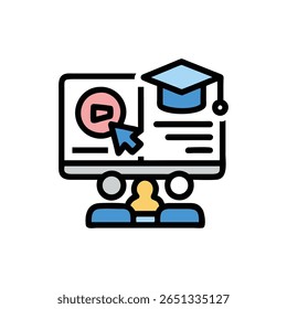 Video Ilustración plana que muestra contenido educativo en línea y asistentes virtuales a continuación con un gorro de graduación y controles arriba.