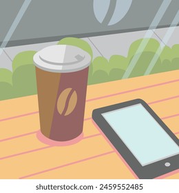 Flat illustration of a disposable cup of coffee with a cellphone on a table in front of a window at a coffee shop