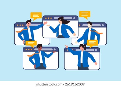 Flat illustration of diverse business people in online meeting communicating via video conference windows and chat bubbles