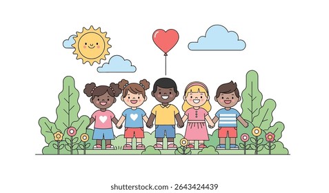 flat illustration of a diverse group of happy children holding hands in a sunny, blossoming meadow with a heart balloon floating above
