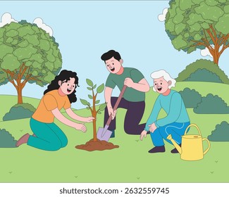 Flat illustration of a diverse group, including elderly and youth, planting a tree for World Environment Day. Promotes eco responsibility, community care, and sustainability efforts.
