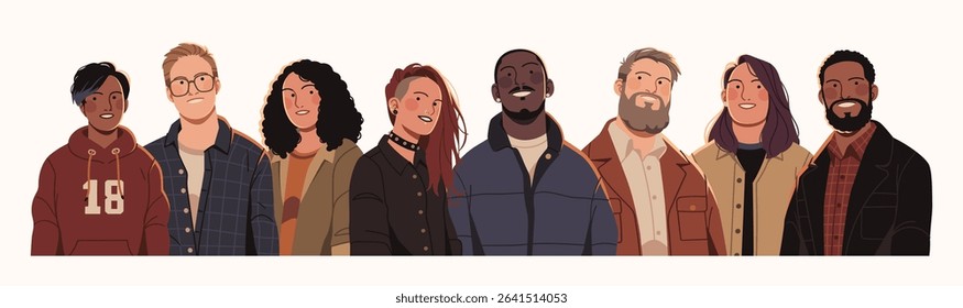 Flat illustration of a diverse group of individuals with different styles and appearances, symbolizing unity, inclusion, and community connection.