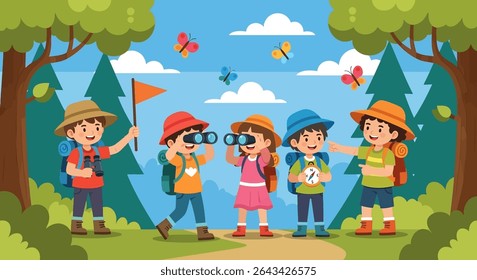 flat illustration of a diverse group of kids embarking on an exciting outdoor adventure, exploring a forest with maps and binoculars
