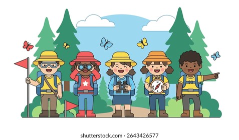 flat illustration of a diverse group of kids embarking on an exciting outdoor adventure, exploring a forest with maps and binoculars