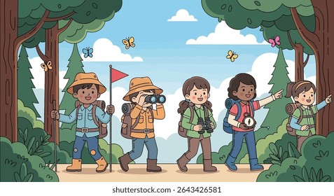 flat illustration of a diverse group of kids embarking on an exciting outdoor adventure, exploring a forest with maps and binoculars