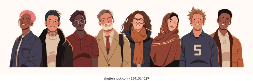 Flat illustration of a diverse group of young adults in modern clothing, representing unity, inclusivity, and individuality across cultures and styles.