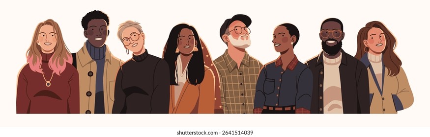 Flat illustration of a diverse group of young adults in modern clothing, representing unity, inclusivity, and individuality across cultures and styles.