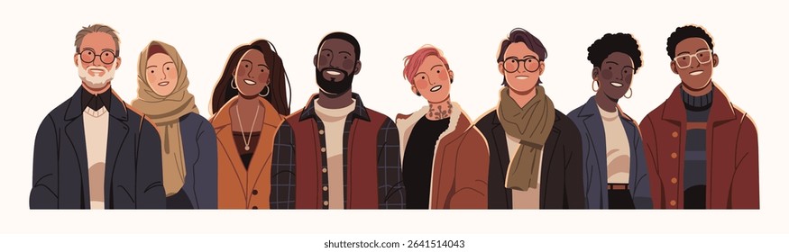Flat illustration of a diverse group of young adults in modern clothing, representing unity, inclusivity, and individuality across cultures and styles.