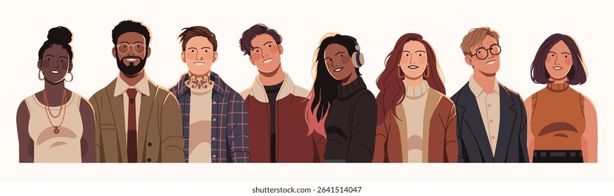 Flat illustration of a diverse group of young adults in modern clothing, representing unity, inclusivity, and individuality across cultures and styles.