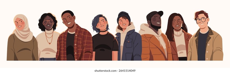 Flat illustration of a diverse group of young adults in modern clothing, representing unity, inclusivity, and individuality across cultures and styles.