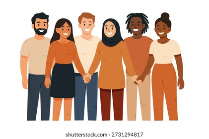 Ilustração plana de um grupo diversificado de jovens adultos em roupas modernas, representando unidade, inclusão e individualidade entre culturas e estilos