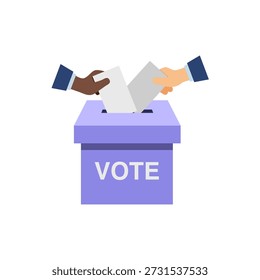 Ilustração plana de diversas mãos colocando cédulas em uma caixa de votação, representando igualdade, inclusão, democracia, e participação cívica coletiva