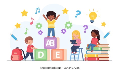 flat illustration of diverse, happy children engaging in various learning activities with books, blocks, and technology, symbolizing education and creativity
