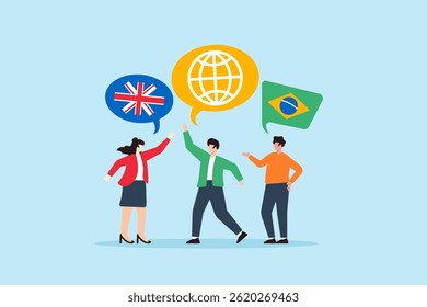 Flat illustration of diverse people using different languages with global icons for multilingual communication and connection