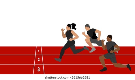 Flat Illustration of Diverse Runners Sprinting on a Track Against a White Background for sstk Wellness