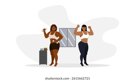 Flat Illustration of Diverse Women Exercising with Weights at Home for sstk Wellness