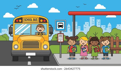 flat illustration of diverse young students waiting at a school bus stop, ready for their ride, depicting a routine kids activity