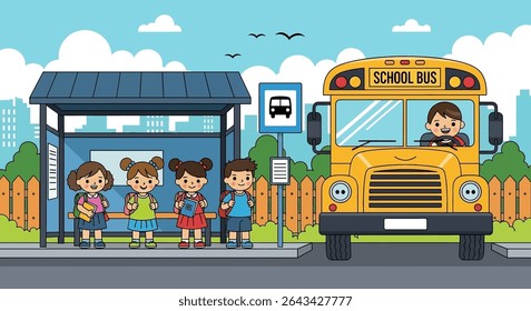 flat illustration of diverse young students waiting at a school bus stop, ready for their ride, depicting a routine kids activity