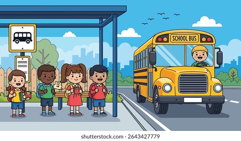 flat illustration of diverse young students waiting at a school bus stop, ready for their ride, depicting a routine kids activity