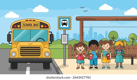 flat illustration of diverse young students waiting at a school bus stop, ready for their ride, depicting a routine kids activity