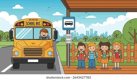 flat illustration of diverse young students waiting at a school bus stop, ready for their ride, depicting a routine kids activity