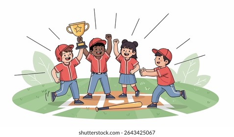 flat illustration of a diverse youth baseball team celebrating their triumph with a trophy and baseball equipment, highlighting teamwork and sporting success	