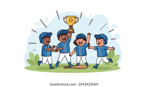 flat illustration of a diverse youth baseball team celebrating their triumph with a trophy and baseball equipment, highlighting teamwork and sporting success	