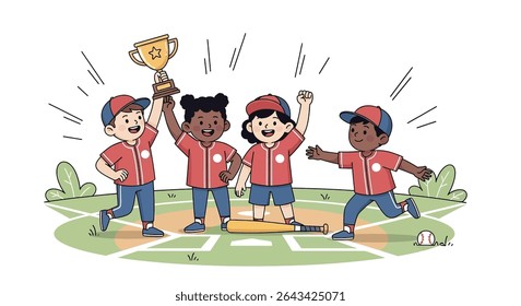 flat illustration of a diverse youth baseball team celebrating their triumph with a trophy and baseball equipment, highlighting teamwork and sporting success	