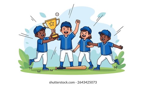 flat illustration of a diverse youth baseball team celebrating their triumph with a trophy and baseball equipment, highlighting teamwork and sporting success	
