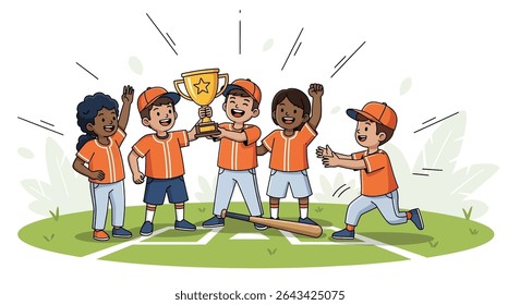 flat illustration of a diverse youth baseball team celebrating their triumph with a trophy and baseball equipment, highlighting teamwork and sporting success	