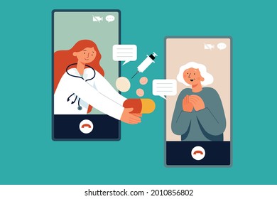 Flat illustration of doctor consulting a female elder via video call using smartphone. Concept of telemedicine delivering care at a distance