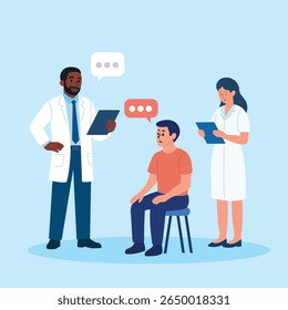 Flat illustration of doctor and nurse consulting male patient, promoting communication, teamwork, and professional healthcare service.