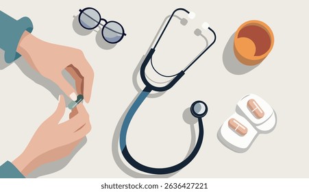 Flat illustration with doctor's hands, pills, stethoscope. Importance of prevention and check-up of the body. 