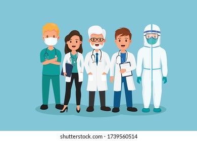 Flat Illustration of doctors and medical team with ppe suit.