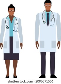 Flat Illustration of doctors in a white coat. African American medical workers.