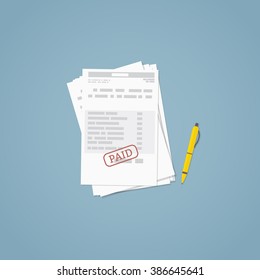 Flat illustration. Documents, business papers. Stamped bill.