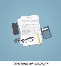 Flat illustration. Documents, pencil, business papers, calculator, glasses. Tax calculation.