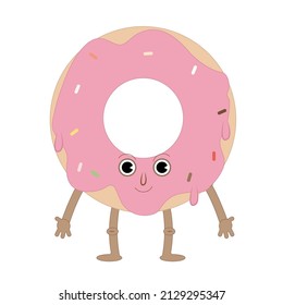 Flat illustration donut with eyes and hands.
