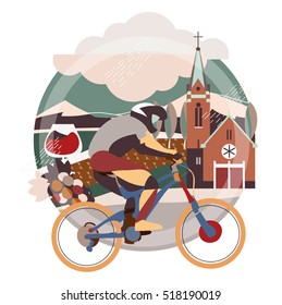 Flat illustration of downhill bicycle in europe town, France,Germany.