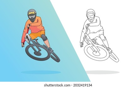 Flat illustration downhill tabletop with whip jump style in color and line art