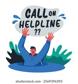A flat illustration of drowning character asking help 