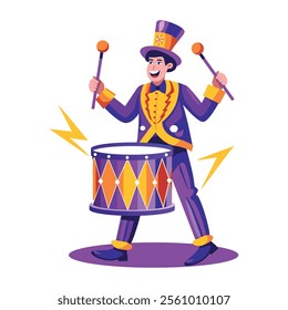 A flat illustration of a drummer beating drum with sticks  

