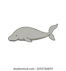 Flat illustration of a dugong with soft gray body, rounded shape, minimalistic design, clean background, peaceful creature