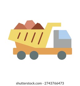 Flat illustration of a dump truck loaded with soil and rocks