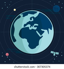 Flat Illustration of Earth with Satellite and Moon