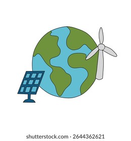 Flat illustration of Earth with wind turbine and solar panel on white background, symbolizing renewable energy and sustainable future